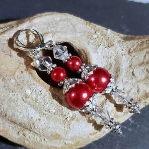 Red Glass Pearl Sterling Silver Plated Handcrafted Dangle Earrings